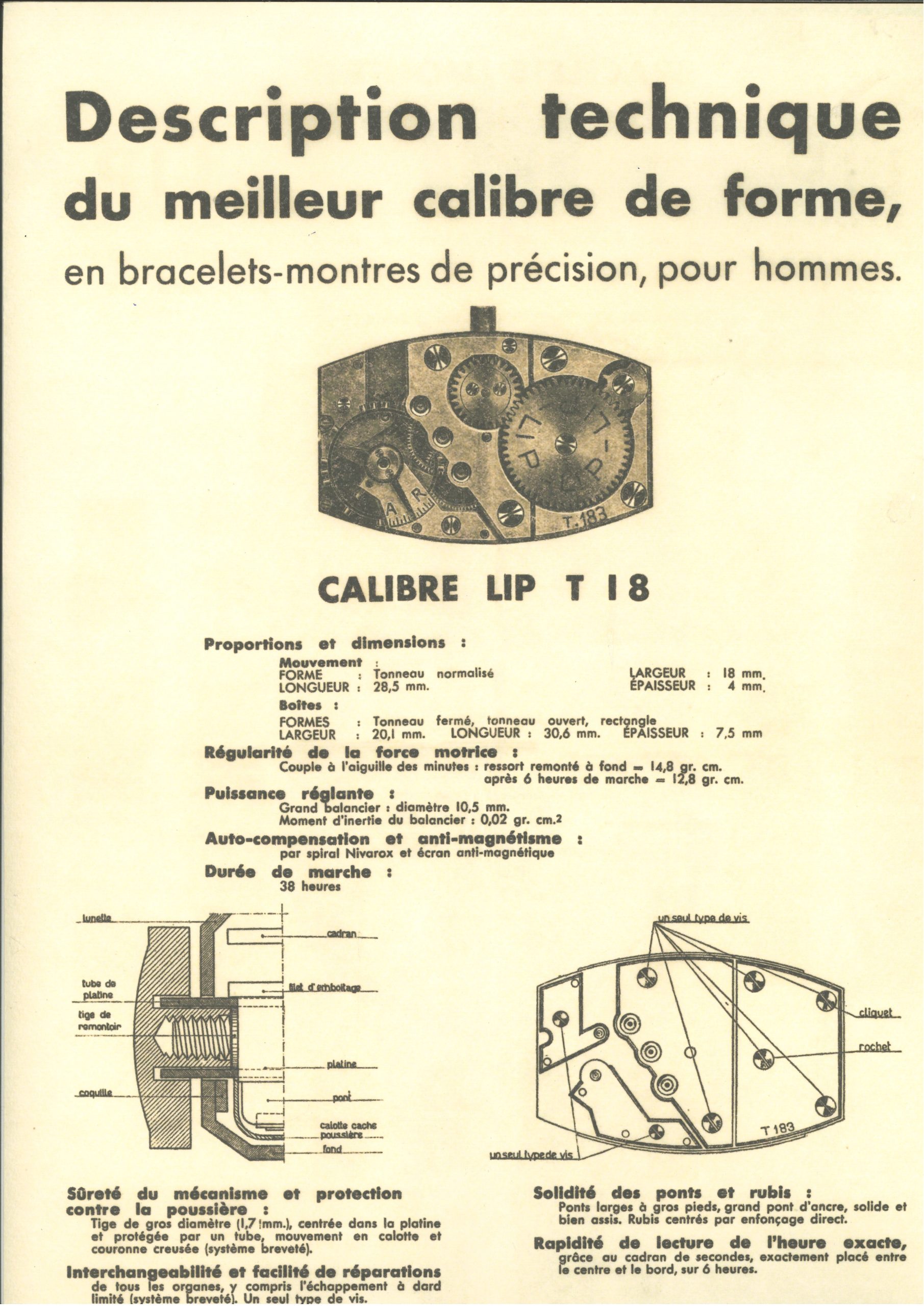 Lip T18 plan technique montre Besançon usine de la Mouillère Ernest LIPMANN @SHL