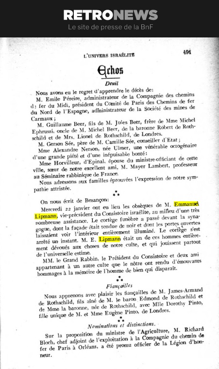décès emmanuel Lipmann janvier 1913 journal univers israélite
