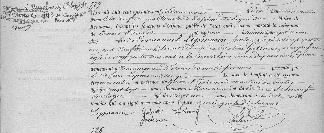 Registre naissance Ernest David Lipmann 2 Aout 1869 besançon cote 1E773 page 245 @Archives Municipales de Besançon