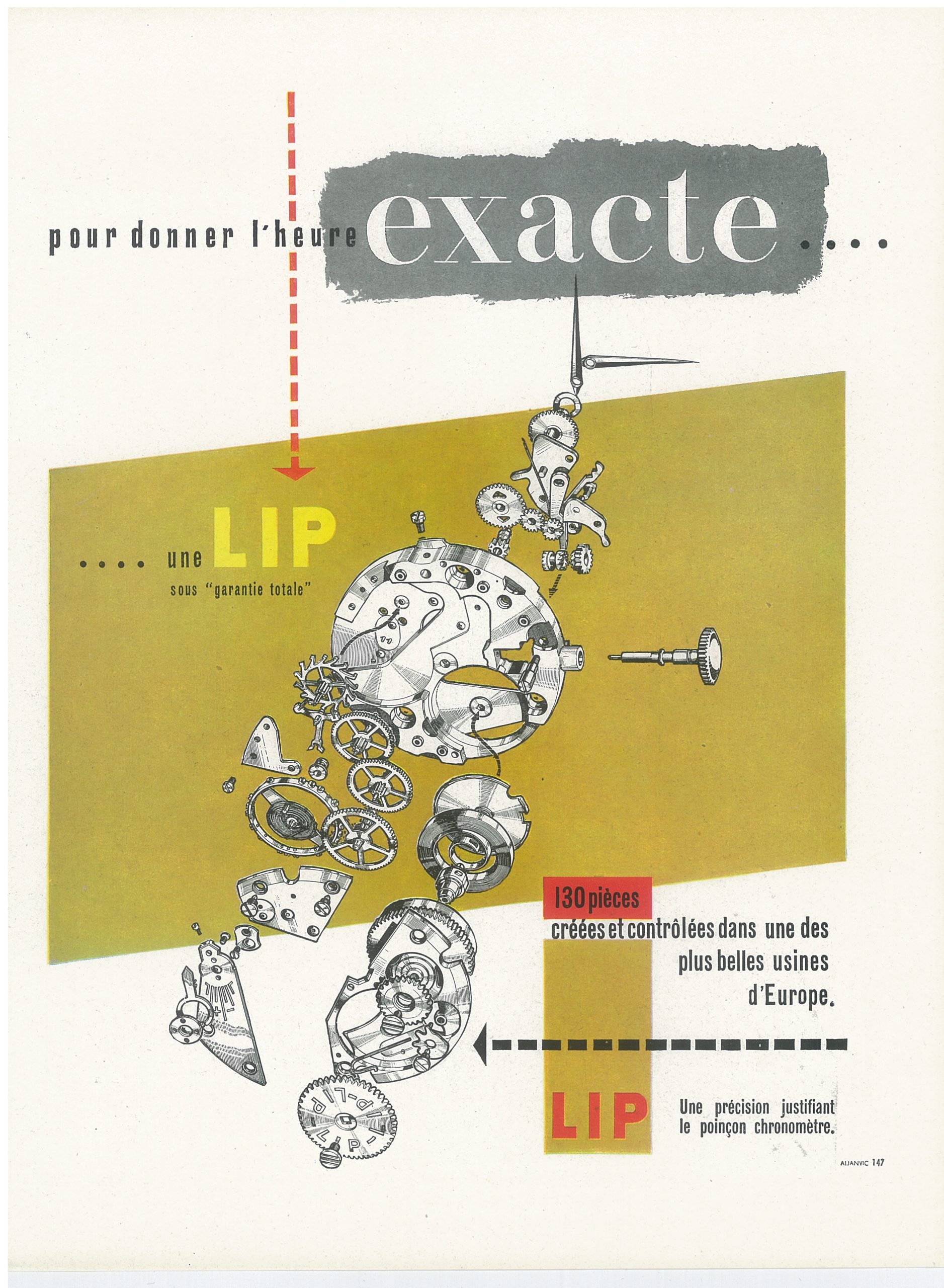 Publicité pour le mouvement Lip R25 de 1955 montre Besançon LIPMANN Fred