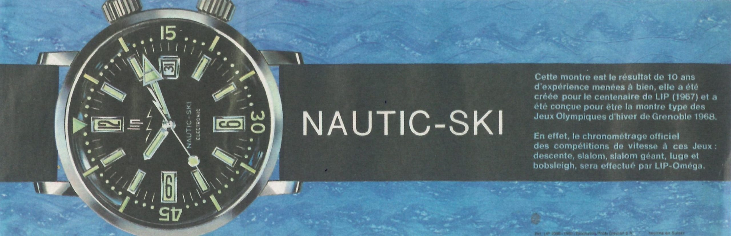 Dépliant publicitaire pub montre sur la Lip Nautic-Ski Electronic 1967 @Musée du Temps