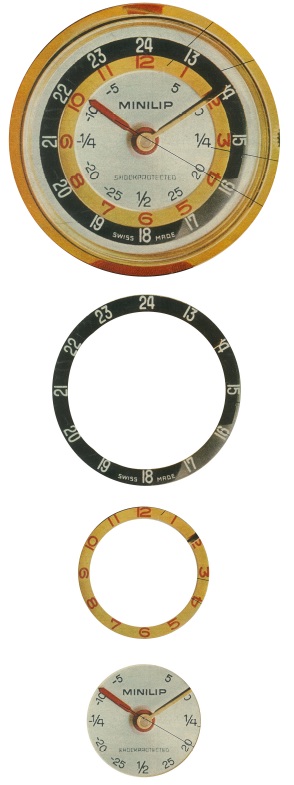 Cercle concentrique Minilip pédagogique indication heure minute cadran 1969