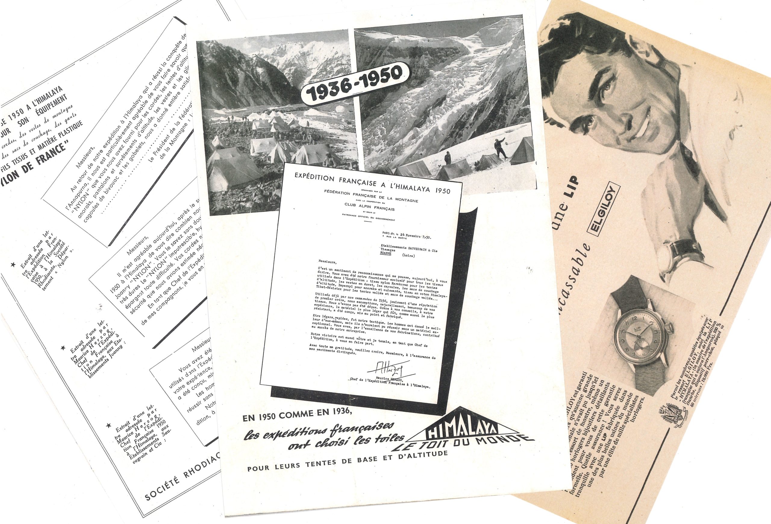 Publicités HIMALAYA 1950 HERZOG Expédition Française Rhodiaceta Lip Tente Himalaya